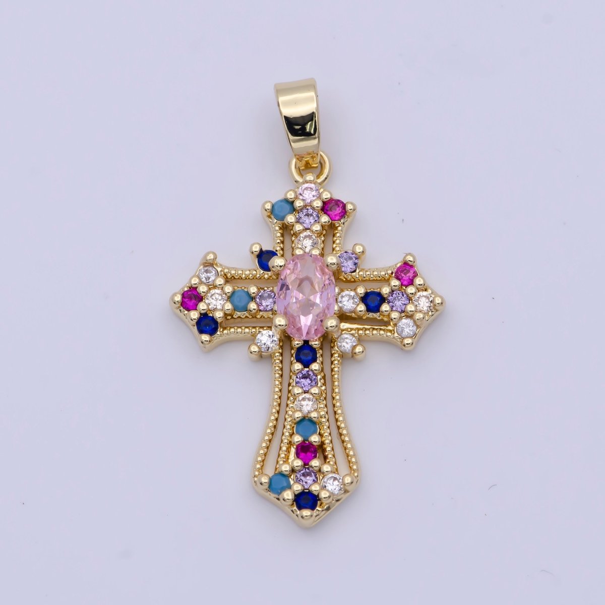 24K Gold Filled Clear, Multicolor Micro Paved Oval CZ Passion Cross Religious Pendant | X-504 X-505