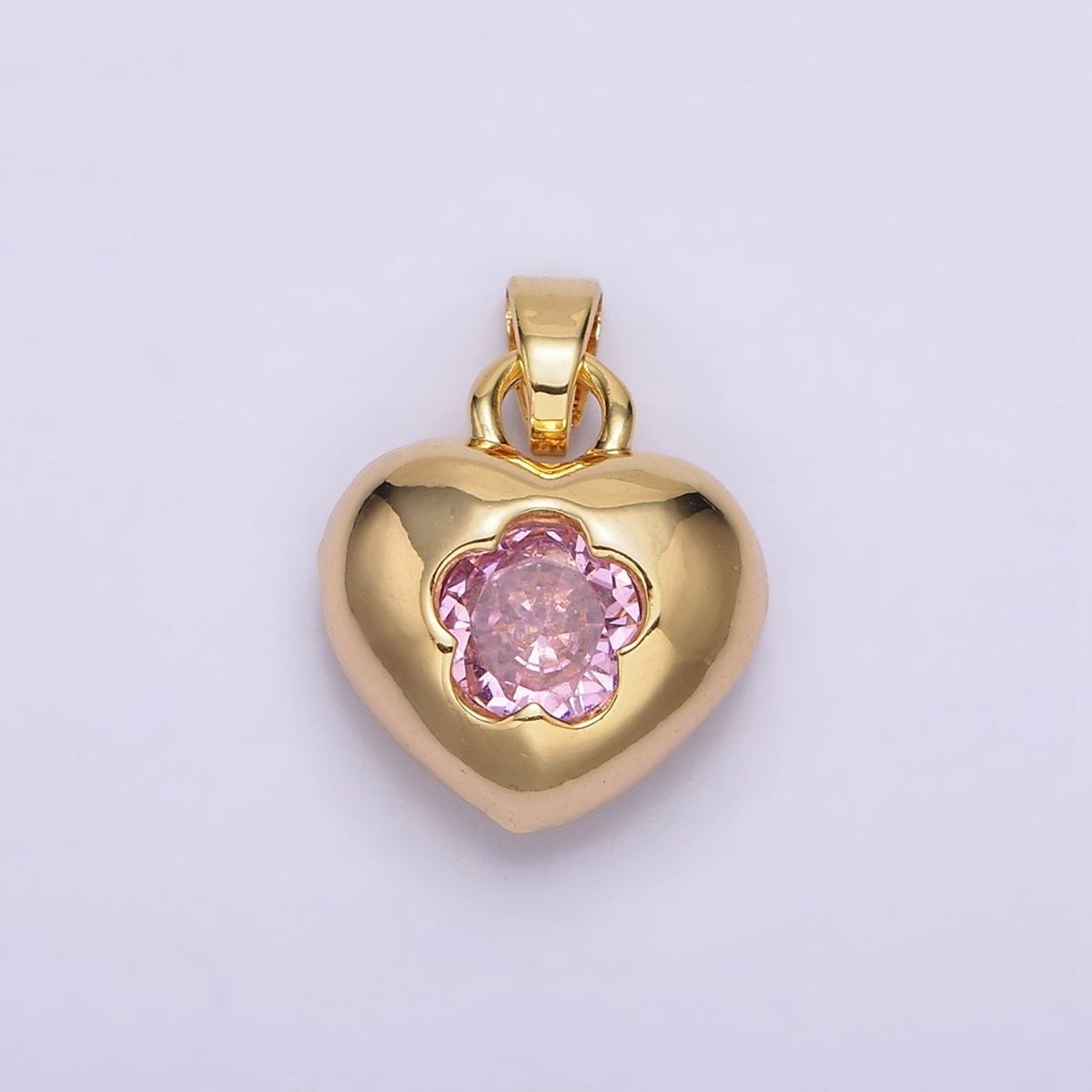 24K Gold Filled Clear, Pink Flower CZ Open Heart Pendant | AA590 AA591