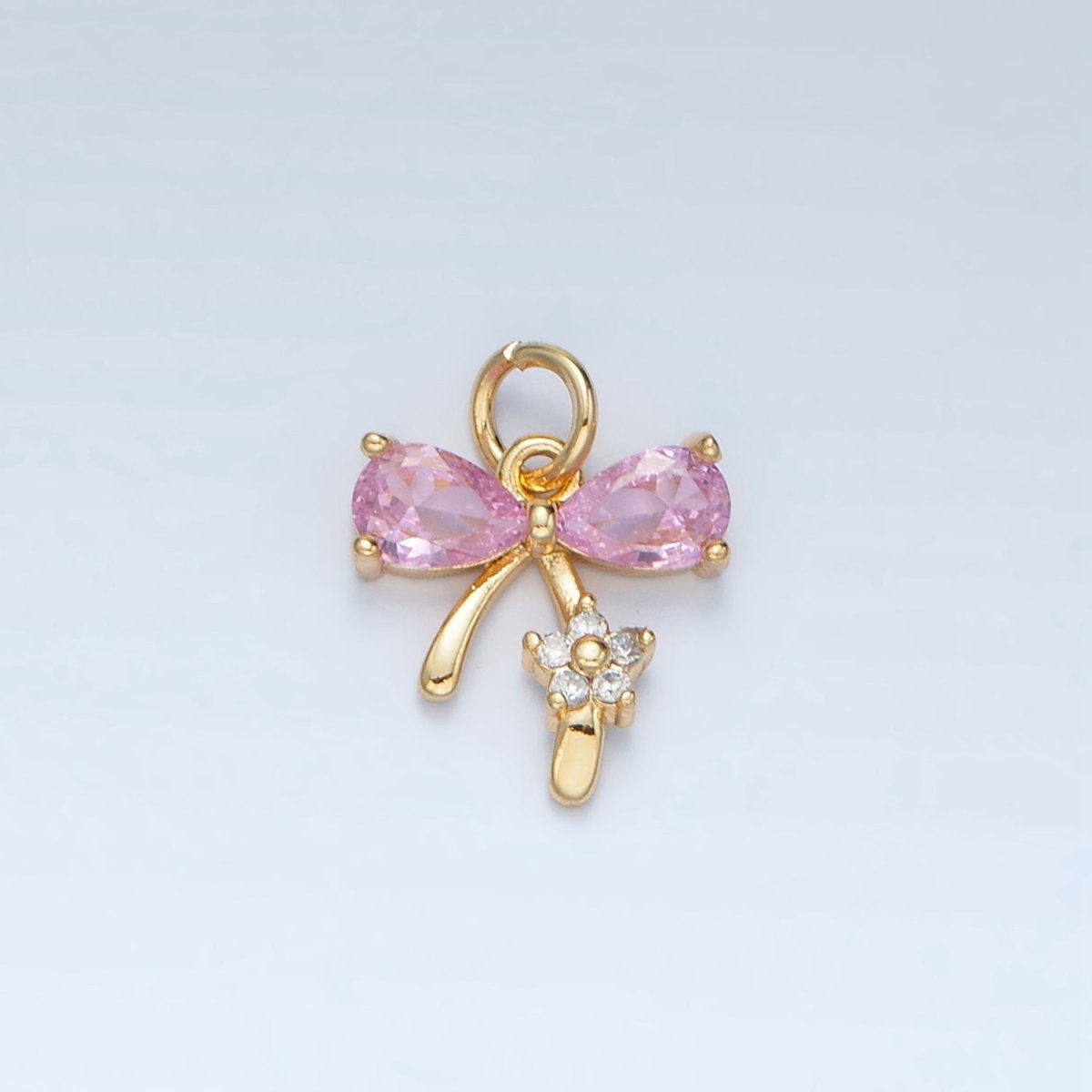24K Gold Filled Clear, Purple, Pink CZ Ribbon Bow Flower Charm | AG891 AG892