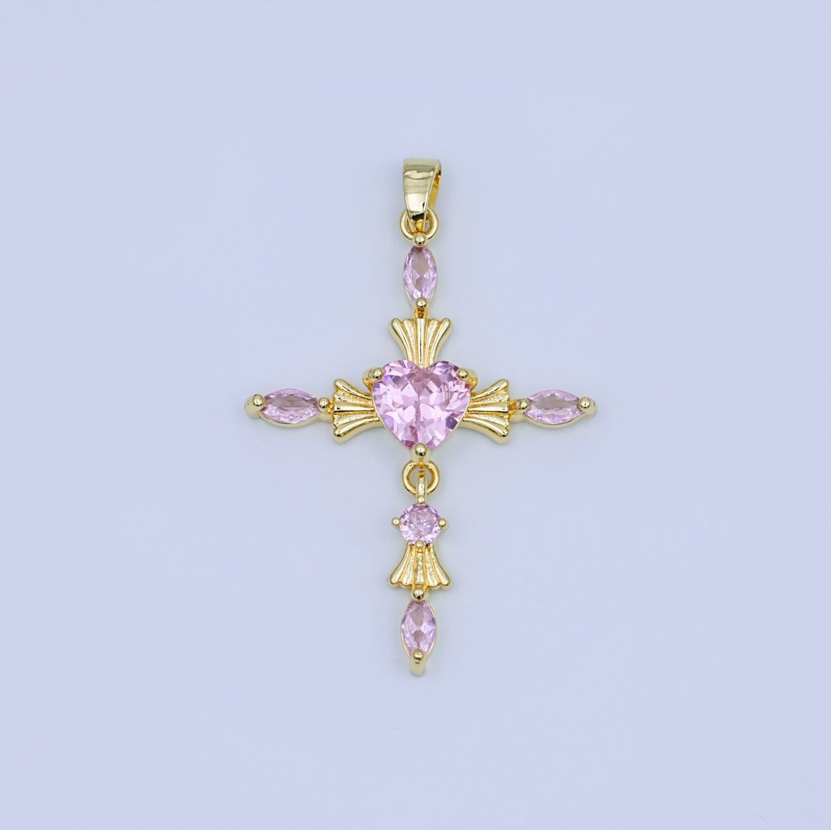 24K Gold Filled Clear, Purple, Pink, Red Marquise Heart Religious Cross Pendant | AH436 AH437