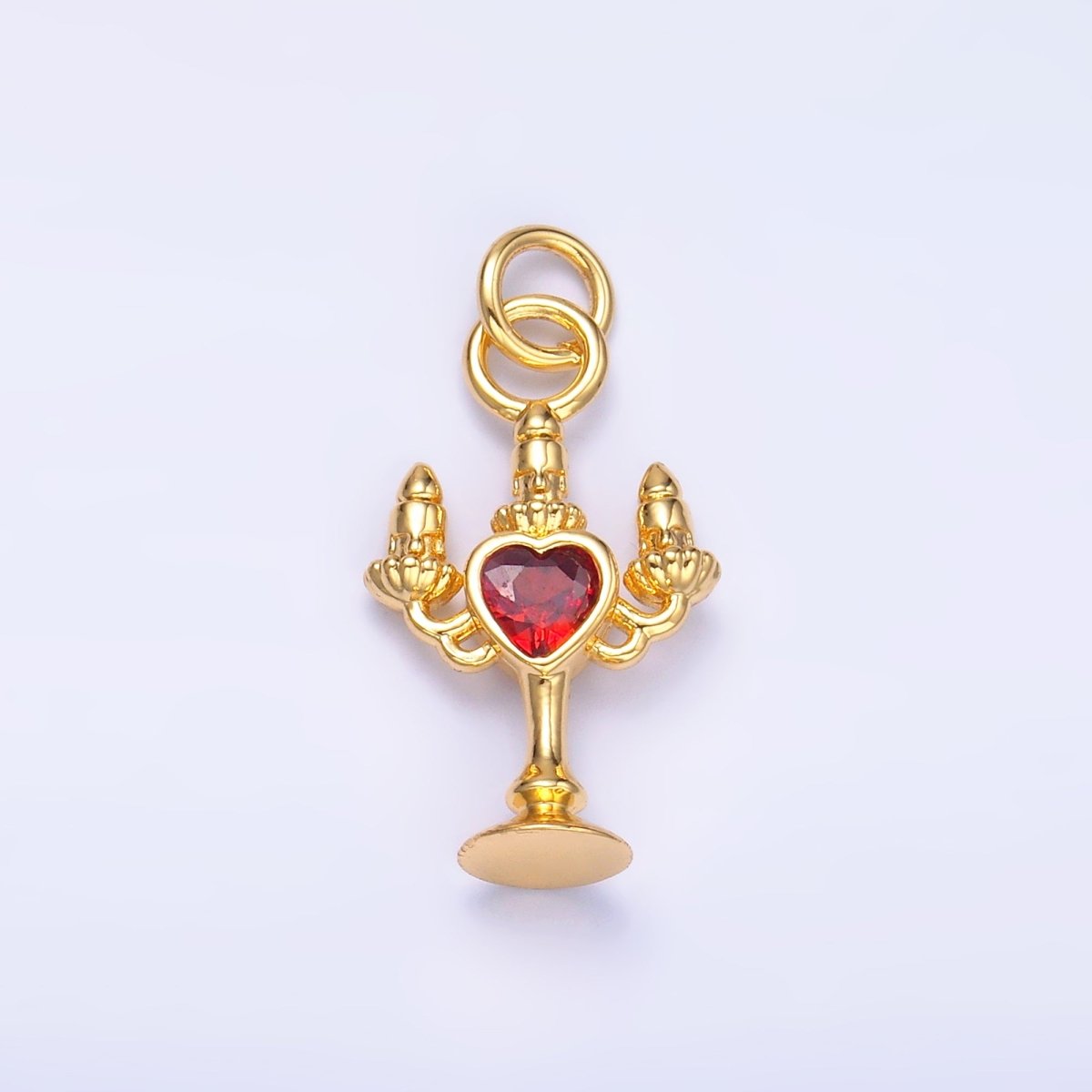 24K Gold Filled Clear, Red CZ Heart Candle Candelabrum Charm in Gold & Silver | W339 W790