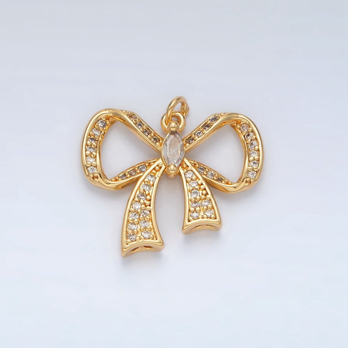 24K Gold Filled Cubic Zirconia Micro Paved Ribbon Bow Charm | D-865