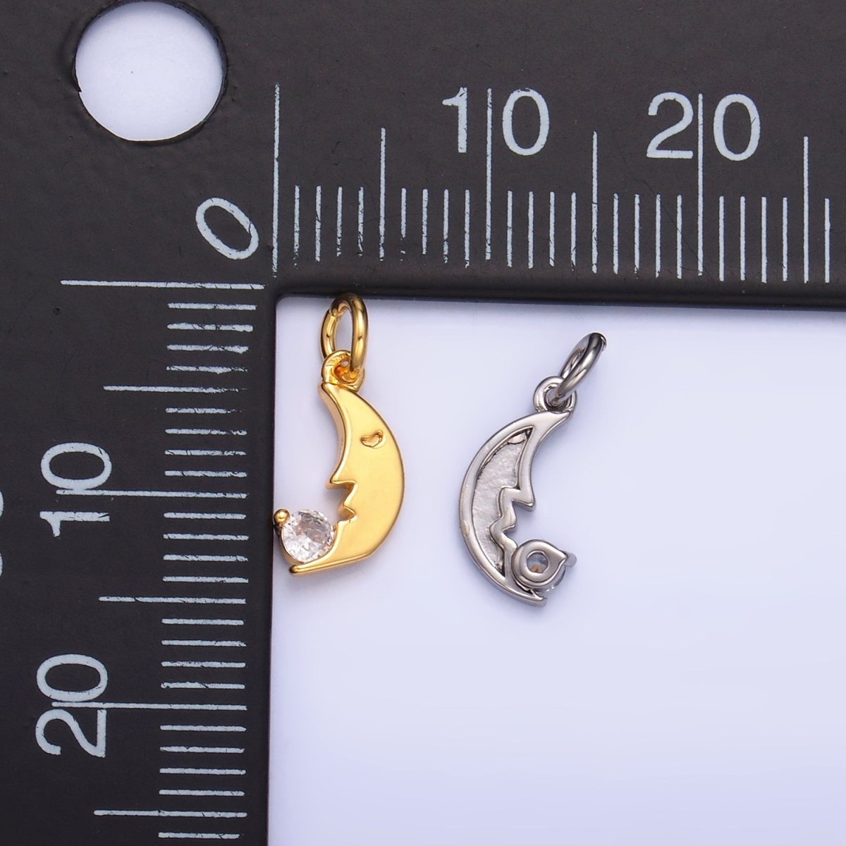 24K Gold Filled 11mm CZ Celestial Crescent Moon Face Charm in Gold & Silver | W834