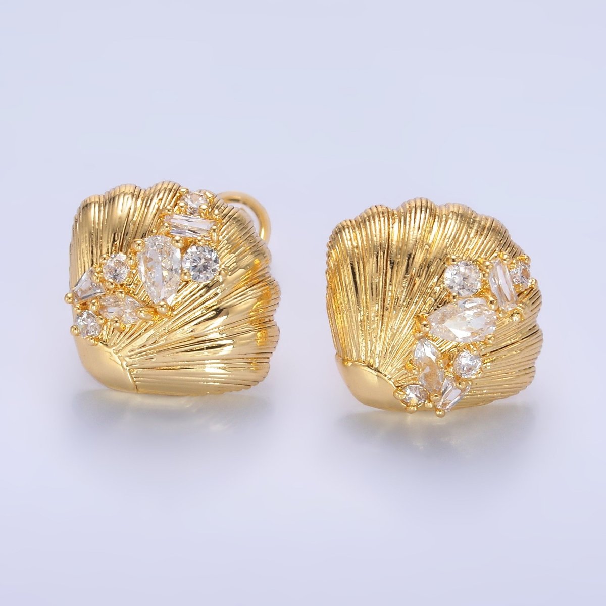 24K Gold Filled CZ Cluster Lined Sea Shell Stud Earrings | AB709