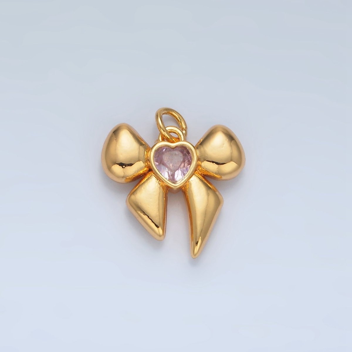 24K Gold Filled CZ Heart Puffy Ribbon Bow Multidimensional Charm | X311