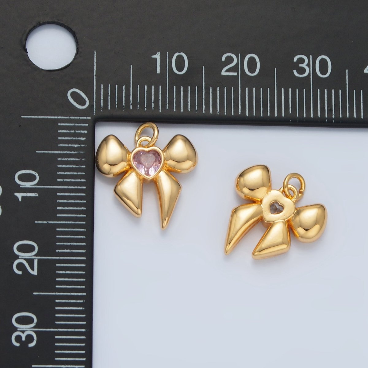 24K Gold Filled CZ Heart Puffy Ribbon Bow Multidimensional Charm | X311