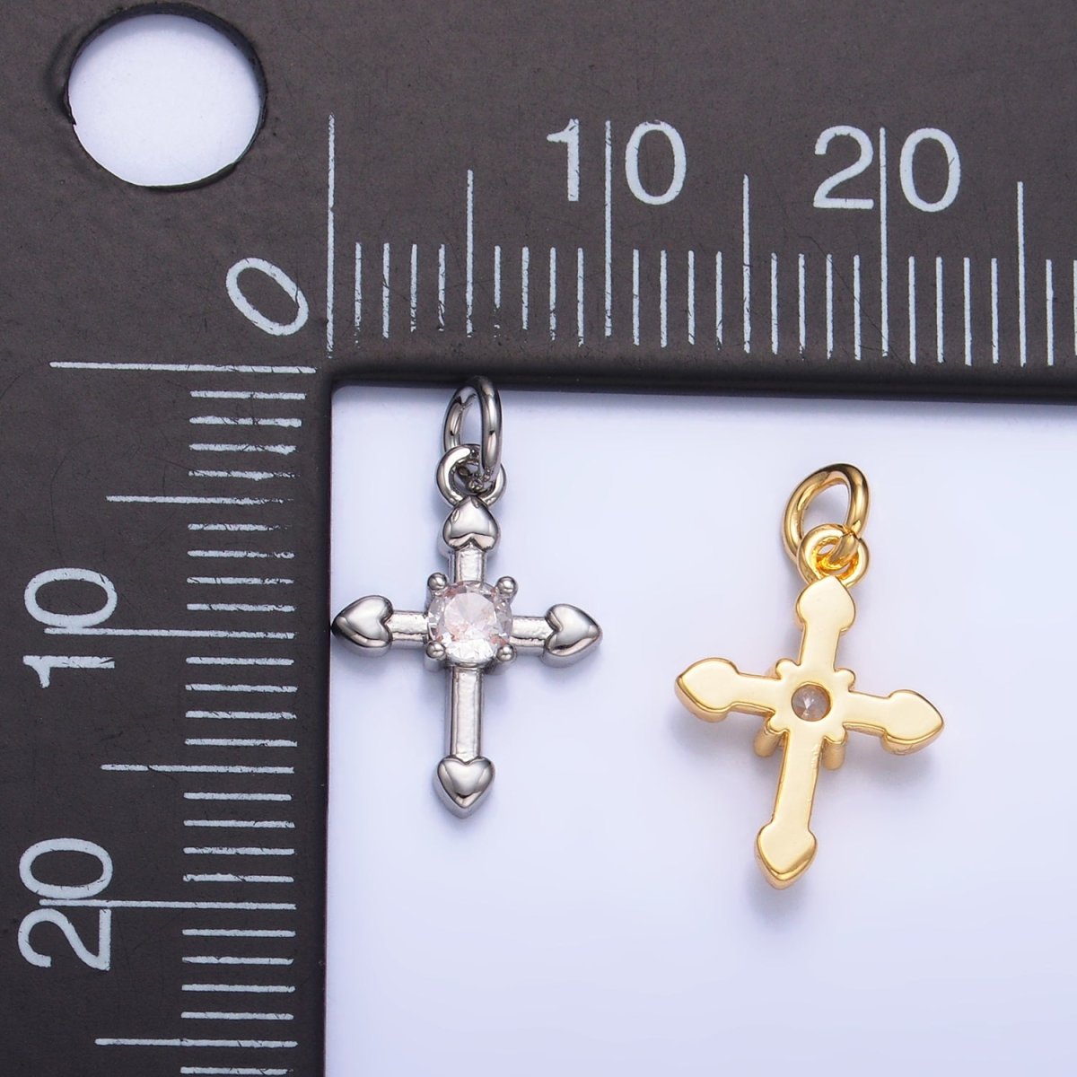 24K Gold Filled 13.5mm CZ Heart Religious Cross Mini Charm in Gold & Silver | W377