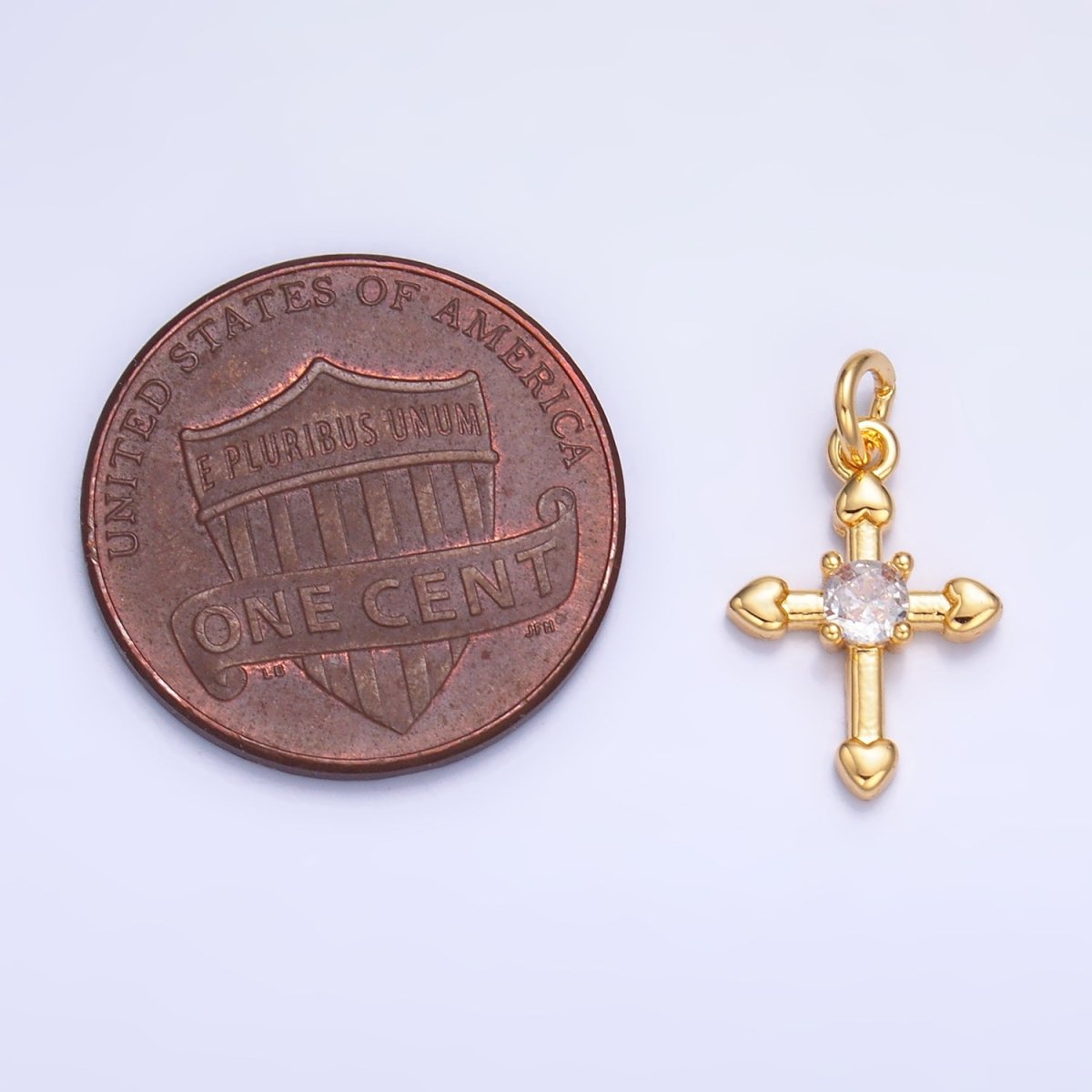 24K Gold Filled 13.5mm CZ Heart Religious Cross Mini Charm in Gold & Silver | W377