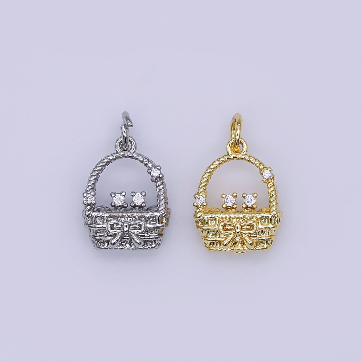 24K Gold Filled CZ Picnic Basket 3D Multidimensional Charm in Gold & Silver | AJ366