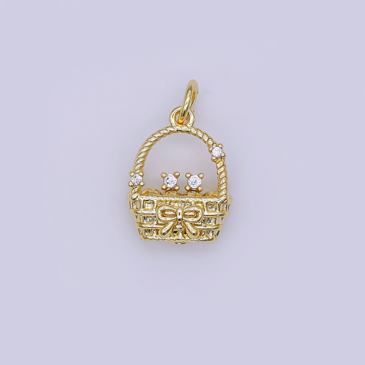 24K Gold Filled CZ Picnic Basket 3D Multidimensional Charm in Gold & Silver | AJ366