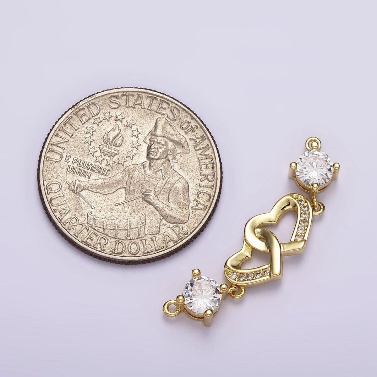 24K Gold Filled Double Heart Micro Paved Clear CZ Infinity Twin Heart Charm Connector 33mm | Y-00755