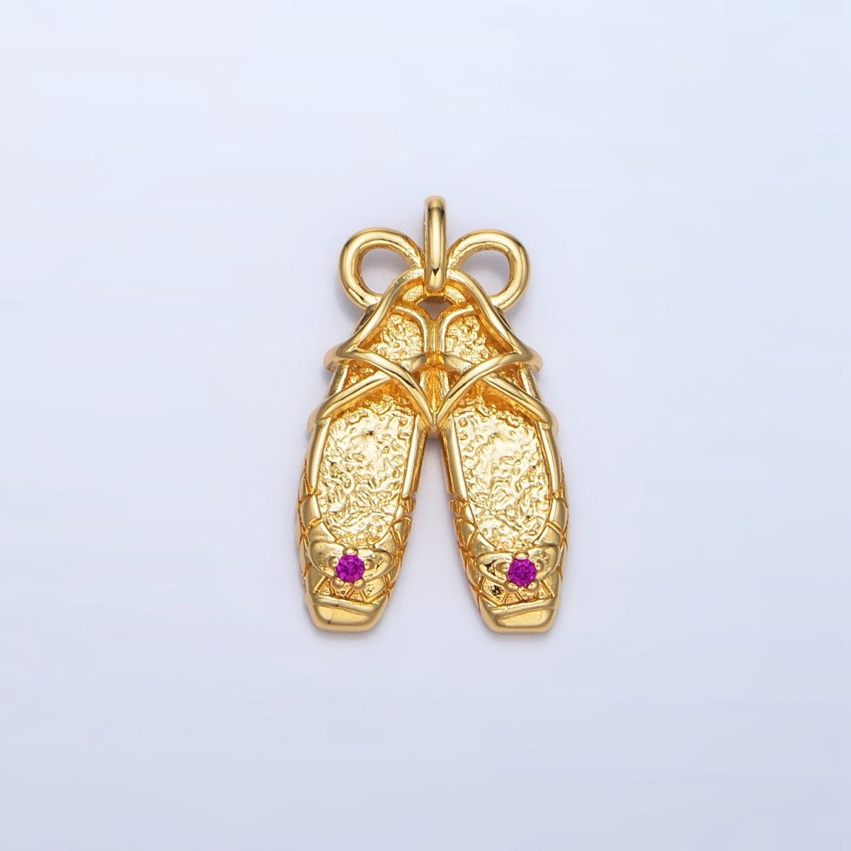 24K Gold Filled Fuchsia CZ Hammered Ribbon Coquette Ballet Dancing Shoes Pendant in Gold & Silver | AA118