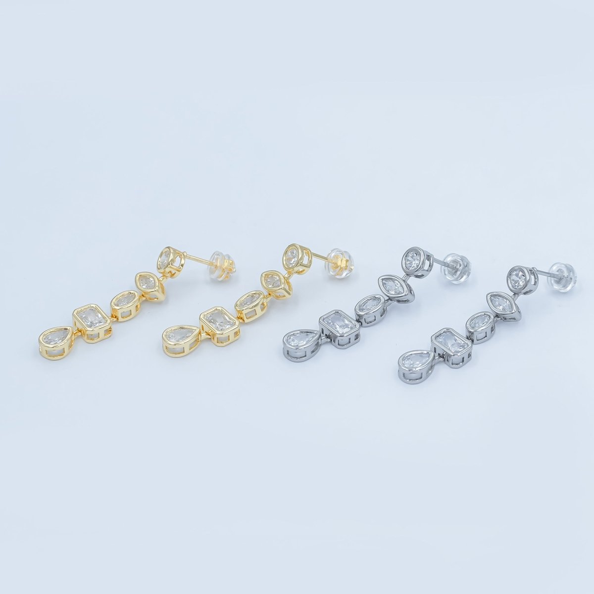 24K Gold Filled 20mm Geometric CZ Bezel Drop Stud Earrings in Gold & Silver | AB678 AB679