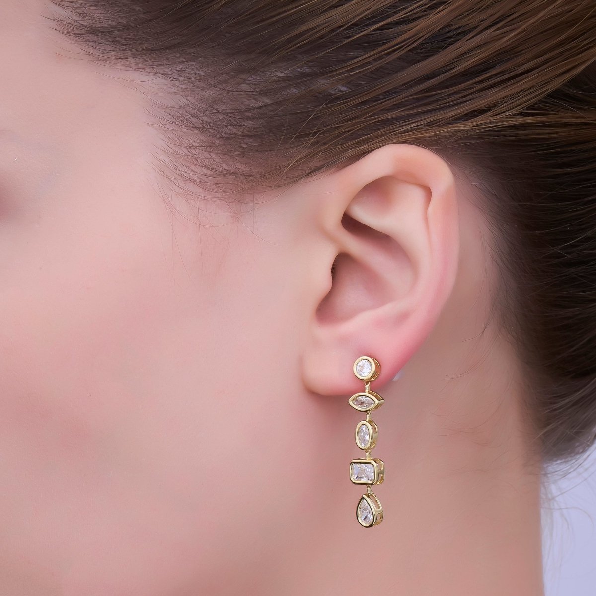 24K Gold Filled 20mm Geometric CZ Bezel Drop Stud Earrings in Gold & Silver | AB678 AB679