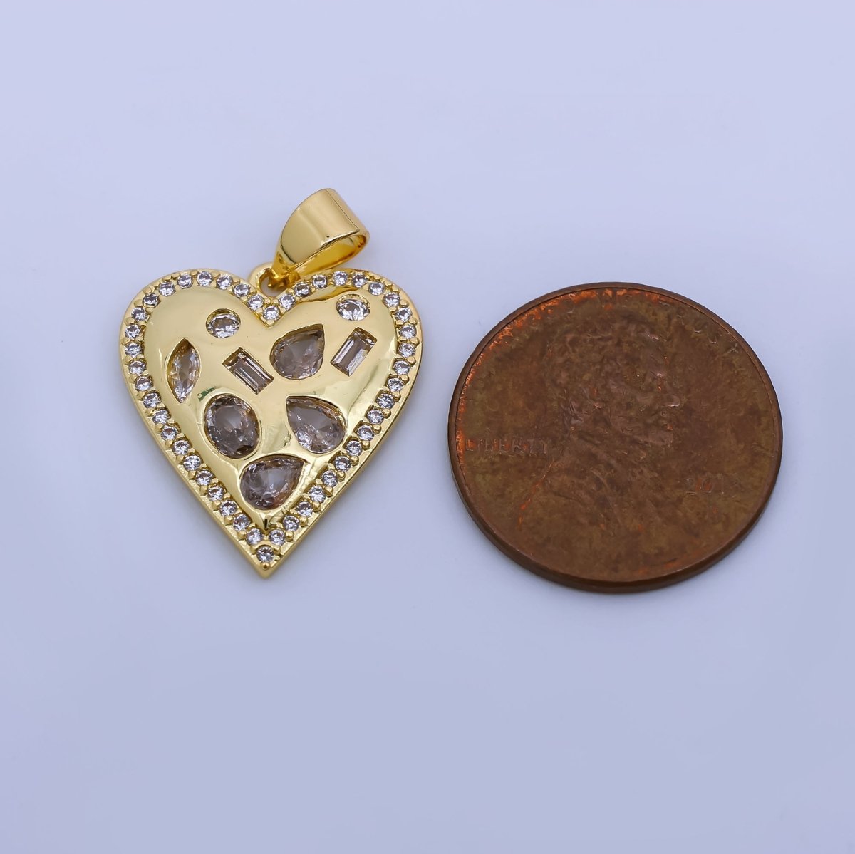 24K Gold Filled Geometric CZ Micro Paved Heart Pendant | AH454