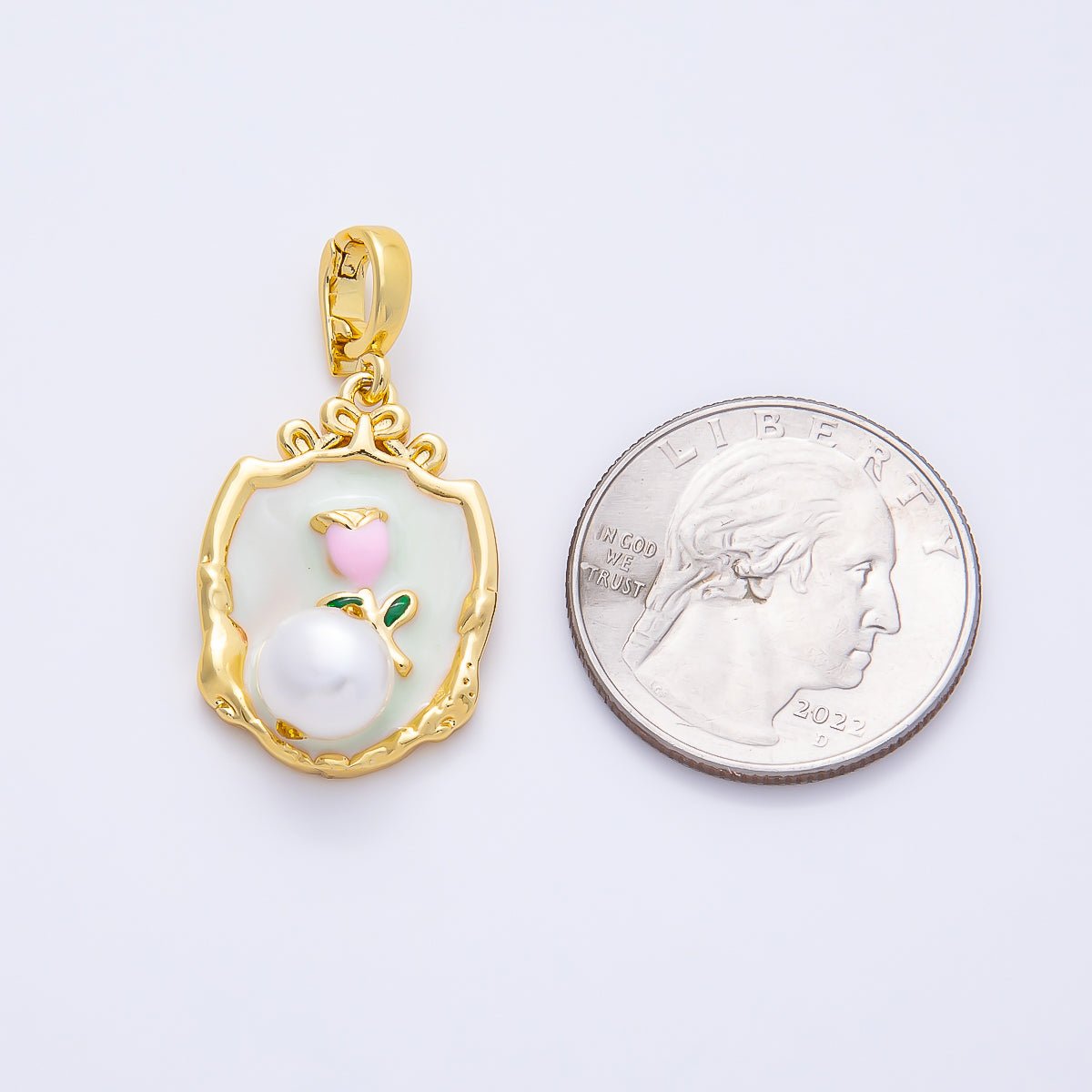 24K Gold Filled Green Pink Rose Flower With Pearl Snap Bail Pendant | AA1462