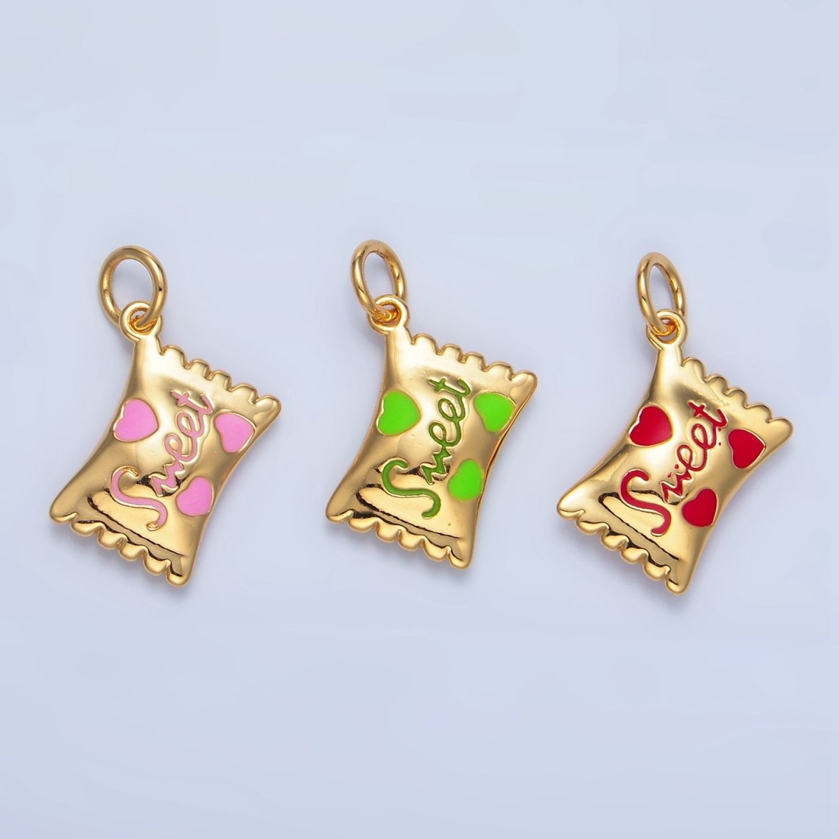 24K Gold Filled Green, Red, Pink Enamel "Sweet" Script Enamel Candy Bar Multidimensional Charm | X823 X824