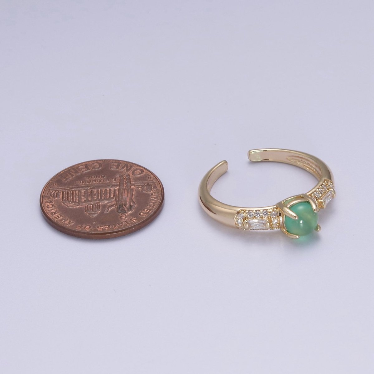 24K Gold Filled Green Stone on Micro Pave CZ Crystal Cubic Zirconia Adjustable Open Ring S-355