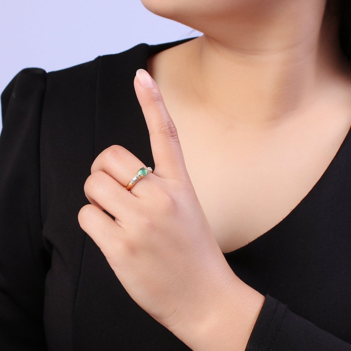 24K Gold Filled Green Stone on Micro Pave CZ Crystal Cubic Zirconia Adjustable Open Ring S-355