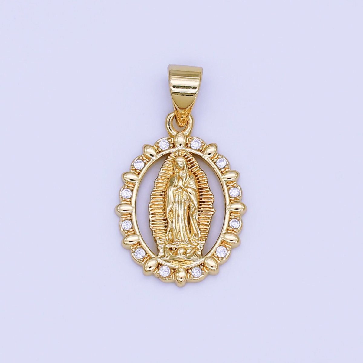 24K Gold Filled Guadalupe Mary Open Oval CZ Pendant | AH450