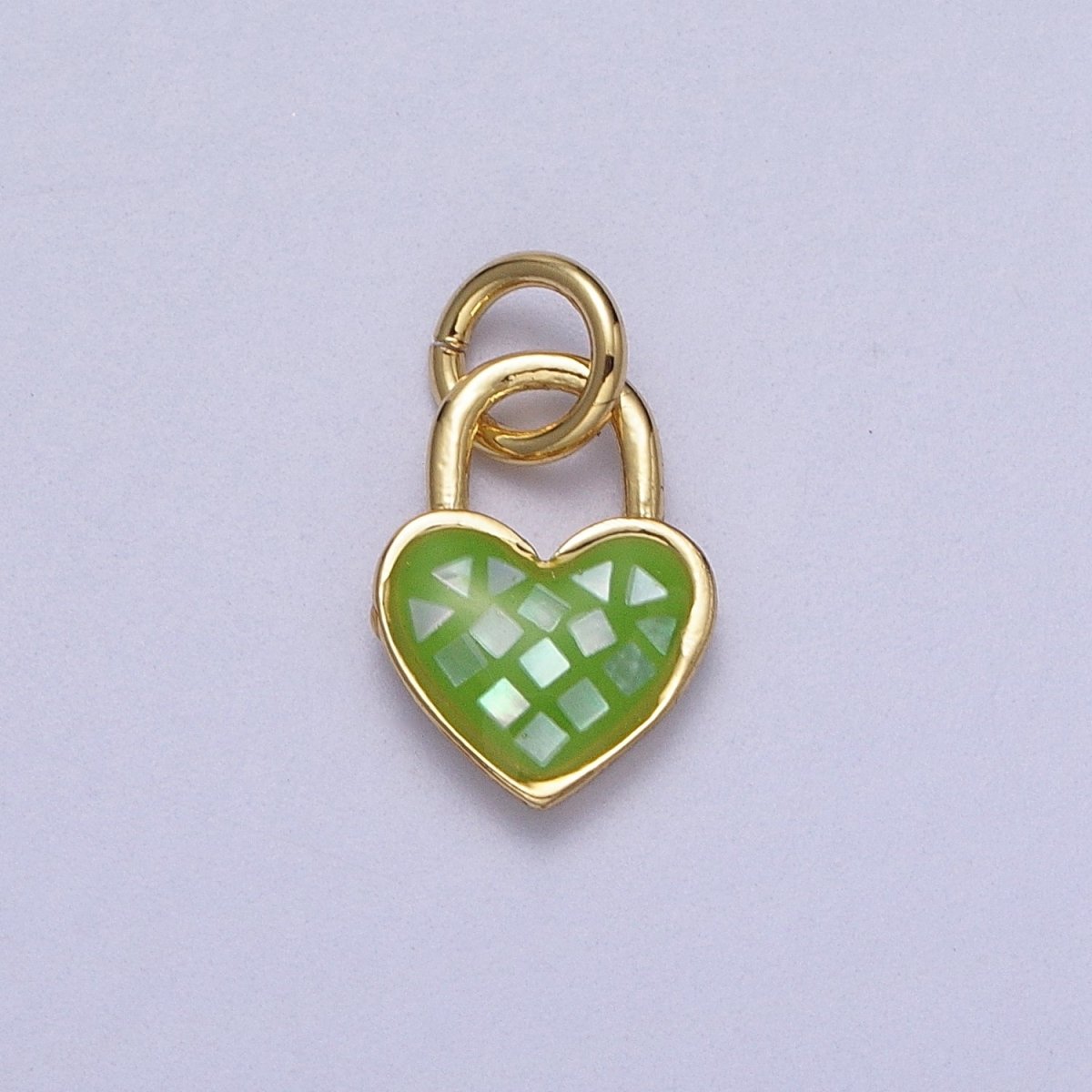 24K Gold Filled Heart Padlock Teal, Green, Pink, Abalone, White Shell Opal Charm E-455 E-460 E-490 E-509