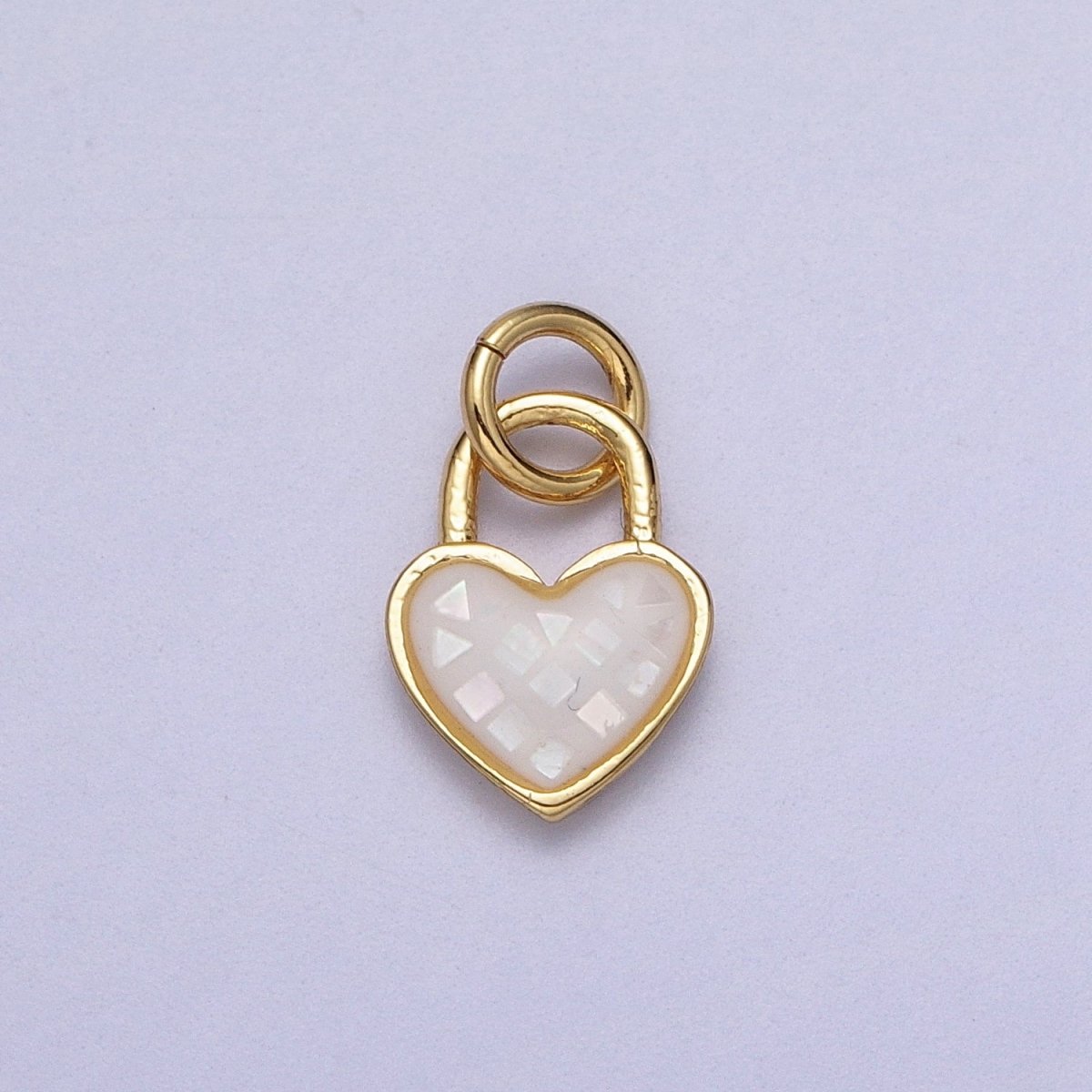 24K Gold Filled Heart Padlock Teal, Green, Pink, Abalone, White Shell Opal Charm E-455 E-460 E-490 E-509