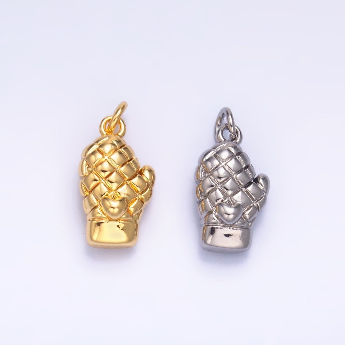 24K Gold Filled Heart Quilted Bake Oven Mitt Glove 3D Multidimensional Charm in Gold & Silver | W314
