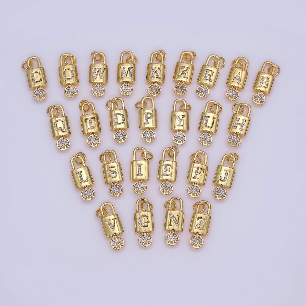 24K Gold Filled Initial Letter Micro Paved Padlock Key Charm | AF014 - AF026