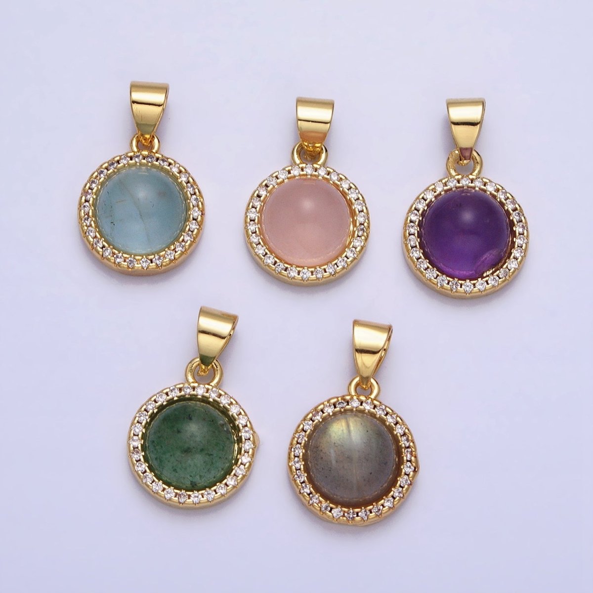 24K Gold Filled Labradorite, Blue Agate, Aventurine, Amethyst, Rose Quartz Micro Paved CZ Round Pendant | AA189 - AA193