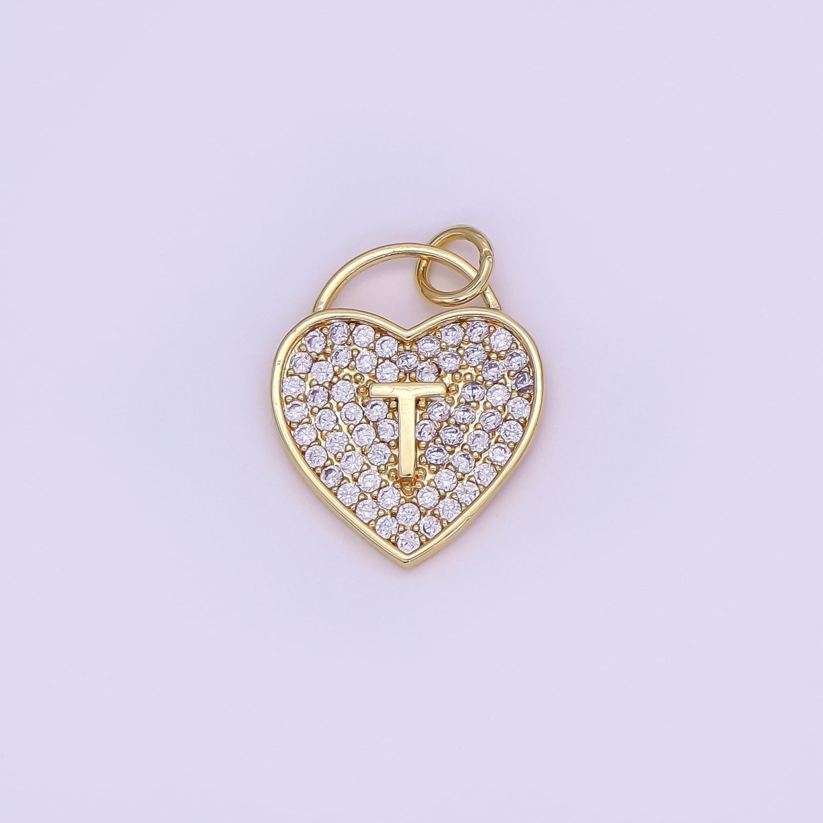 24K Gold Filled Letter Initial Micro Paved CZ Heart Padlock Charm | AF001 - AF013