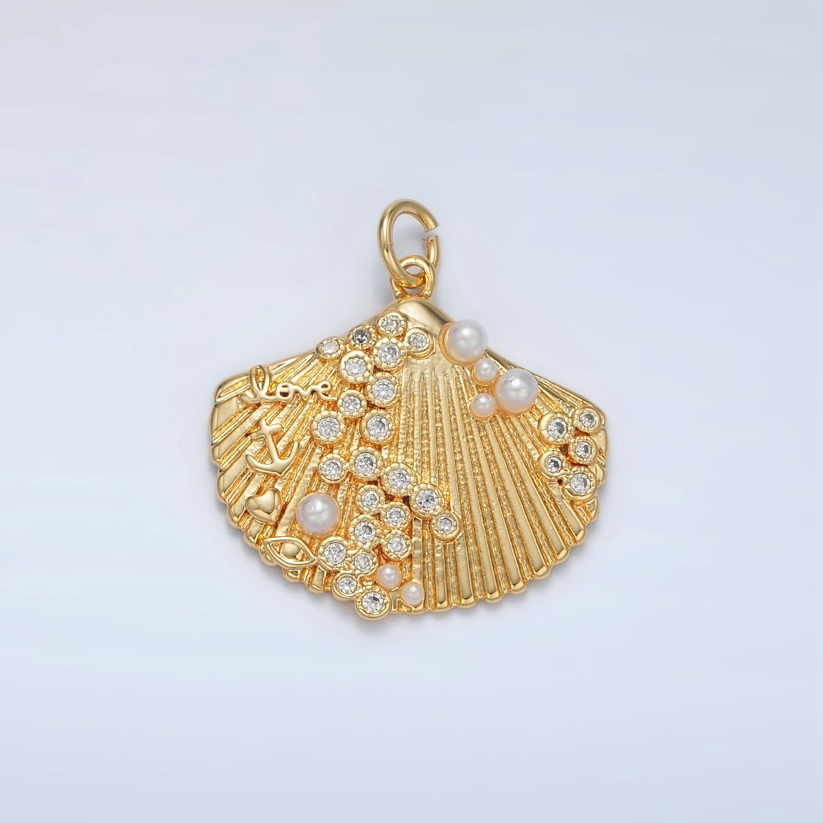 24K Gold Filled 21.5mm "Love" Anchor Pearl CZ Dotted Clam Sea Shell Charm in Gold & Silver | M746