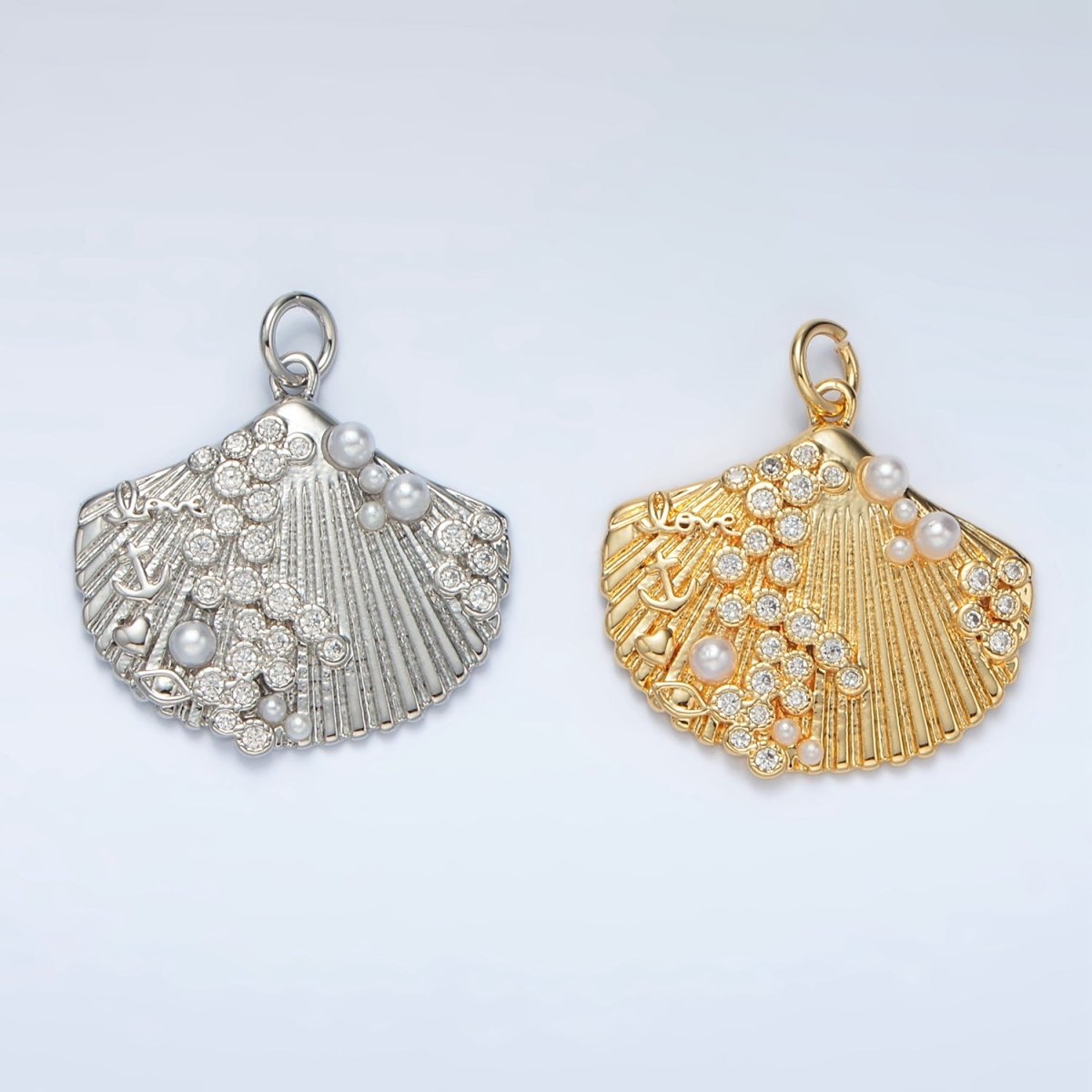 24K Gold Filled 21.5mm "Love" Anchor Pearl CZ Dotted Clam Sea Shell Charm in Gold & Silver | M746