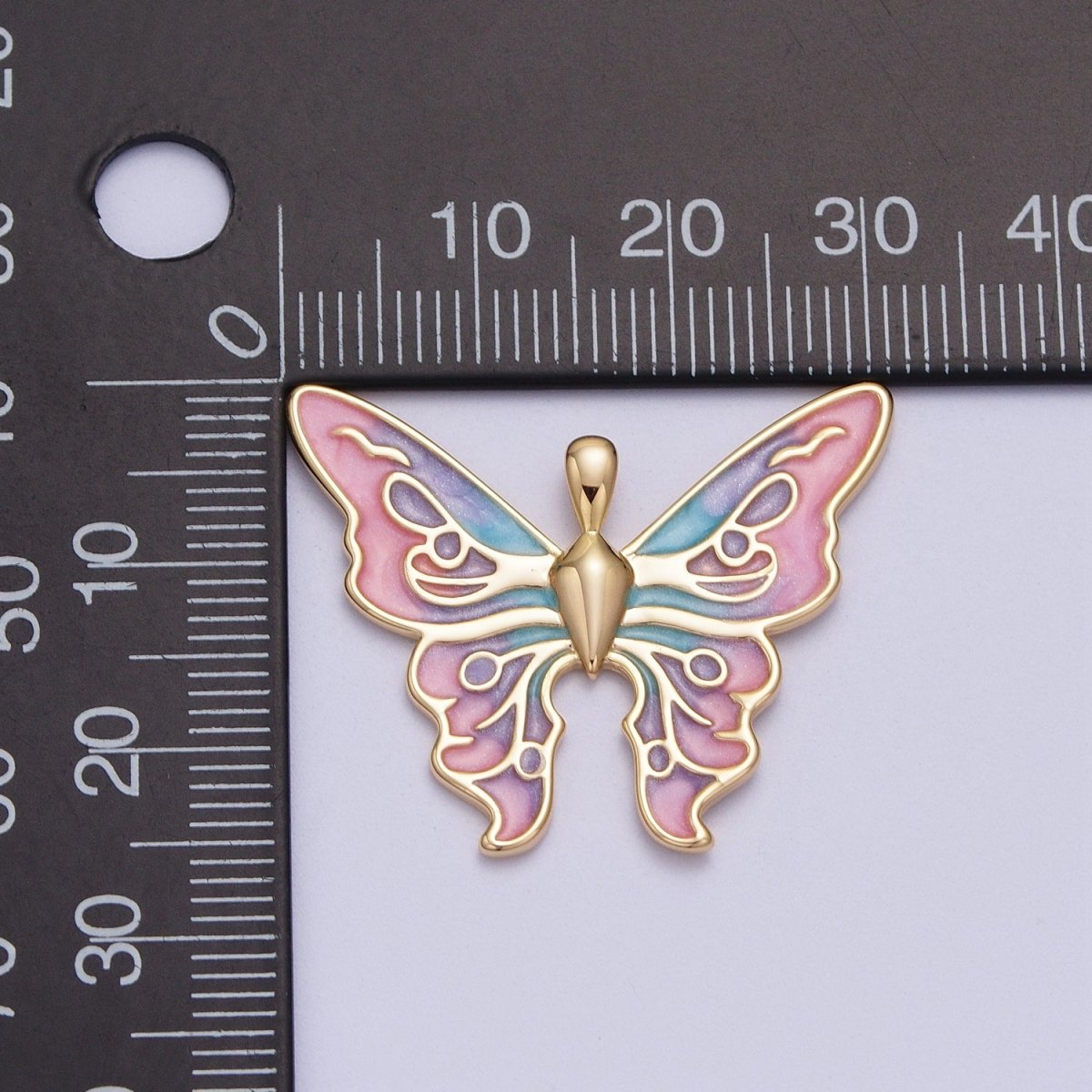 24K Gold Filled Mariposa Butterfly Multicolor Gradient Pink Blue Purple Enamel Pendant H-200