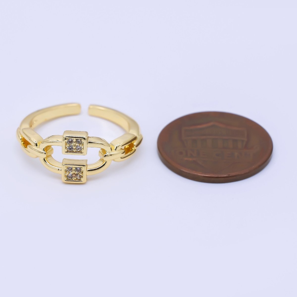 24K Gold Filled Micro Paved CZ Cable Anchor Chain Link Adjustable Ring | O1183