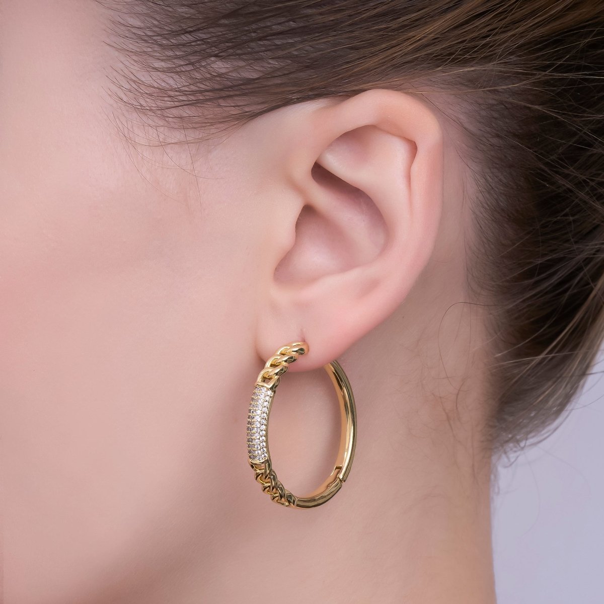 24K Gold Filled Micro Paved CZ Curb Link Hoop Earrings in Gold & Silver | AI545 AI546