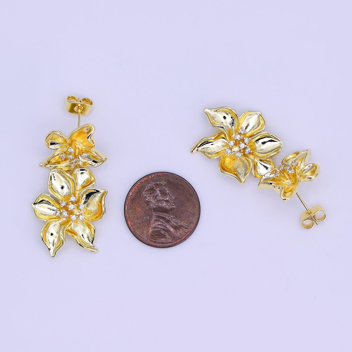 24K Gold Filled Micro Paved CZ Double Bloom Flower Stud Earrings | AJ-0040