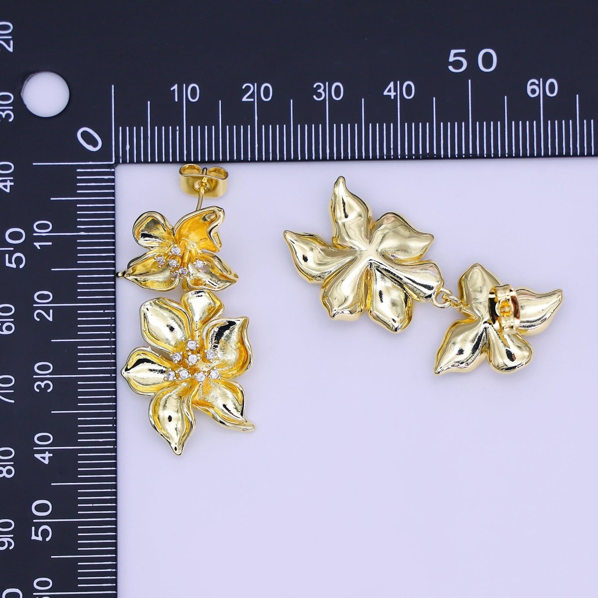 24K Gold Filled Micro Paved CZ Double Bloom Flower Stud Earrings | AJ-0040
