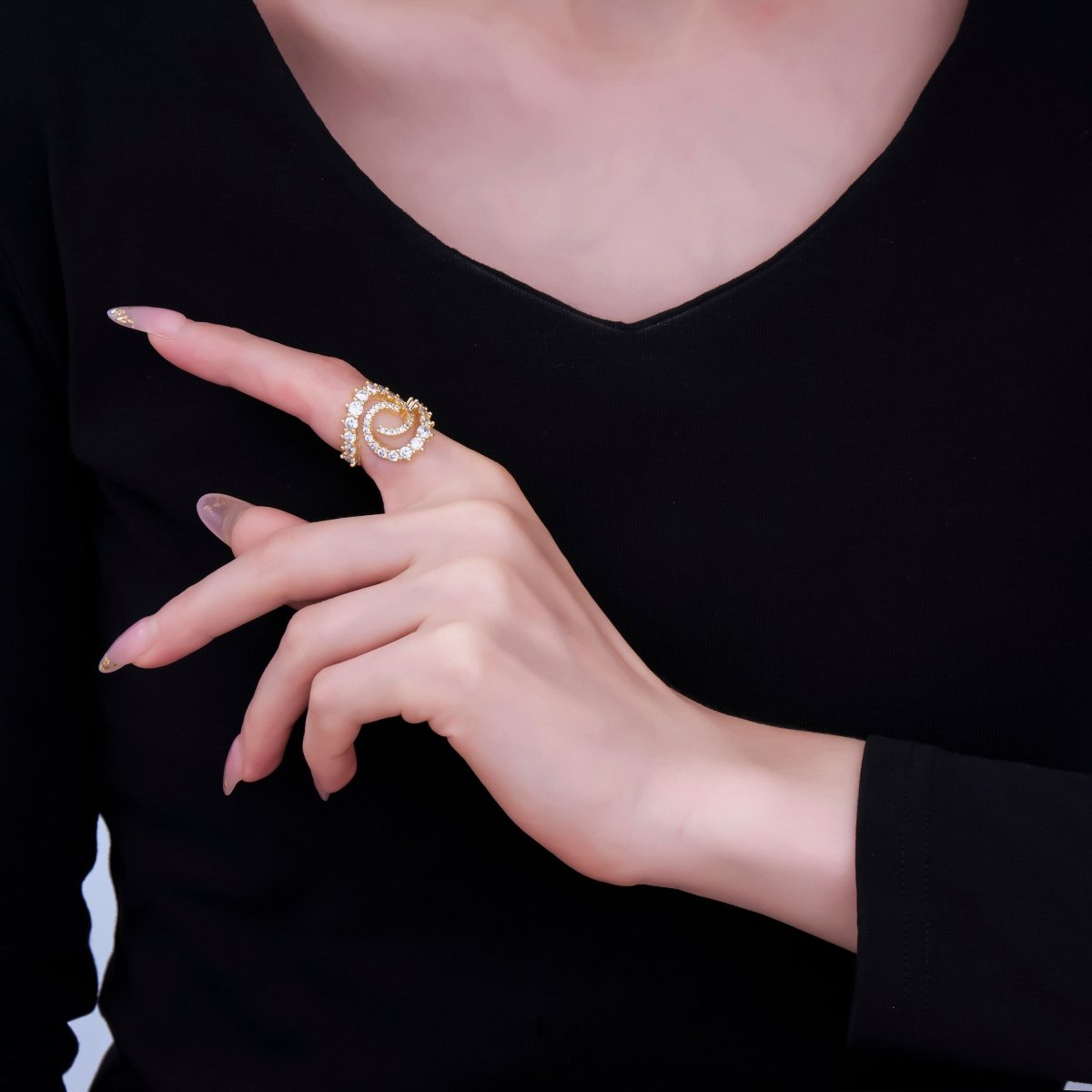 24K Gold Filled Micro Paved CZ Double Swirl Spiral Ring | O-1447