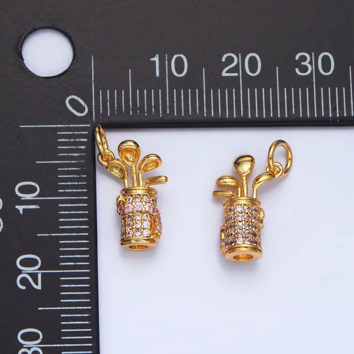 24K Gold Filled 14.5mm Micro Paved CZ Golf Club Sports Charm in Gold & Silver | E370