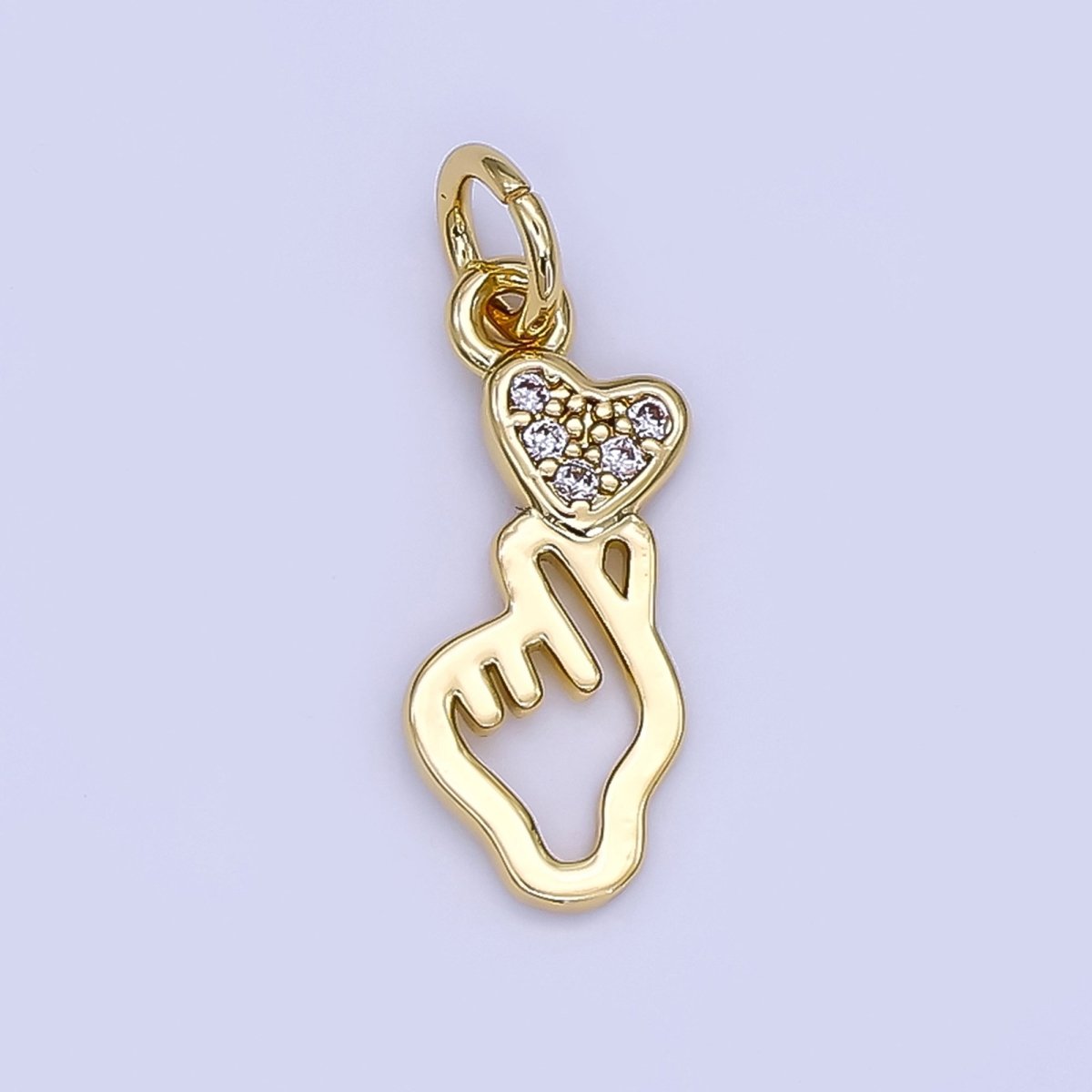 24K Gold Filled Micro Paved CZ Korean Love Heart Hand Gesture Charm | N1244