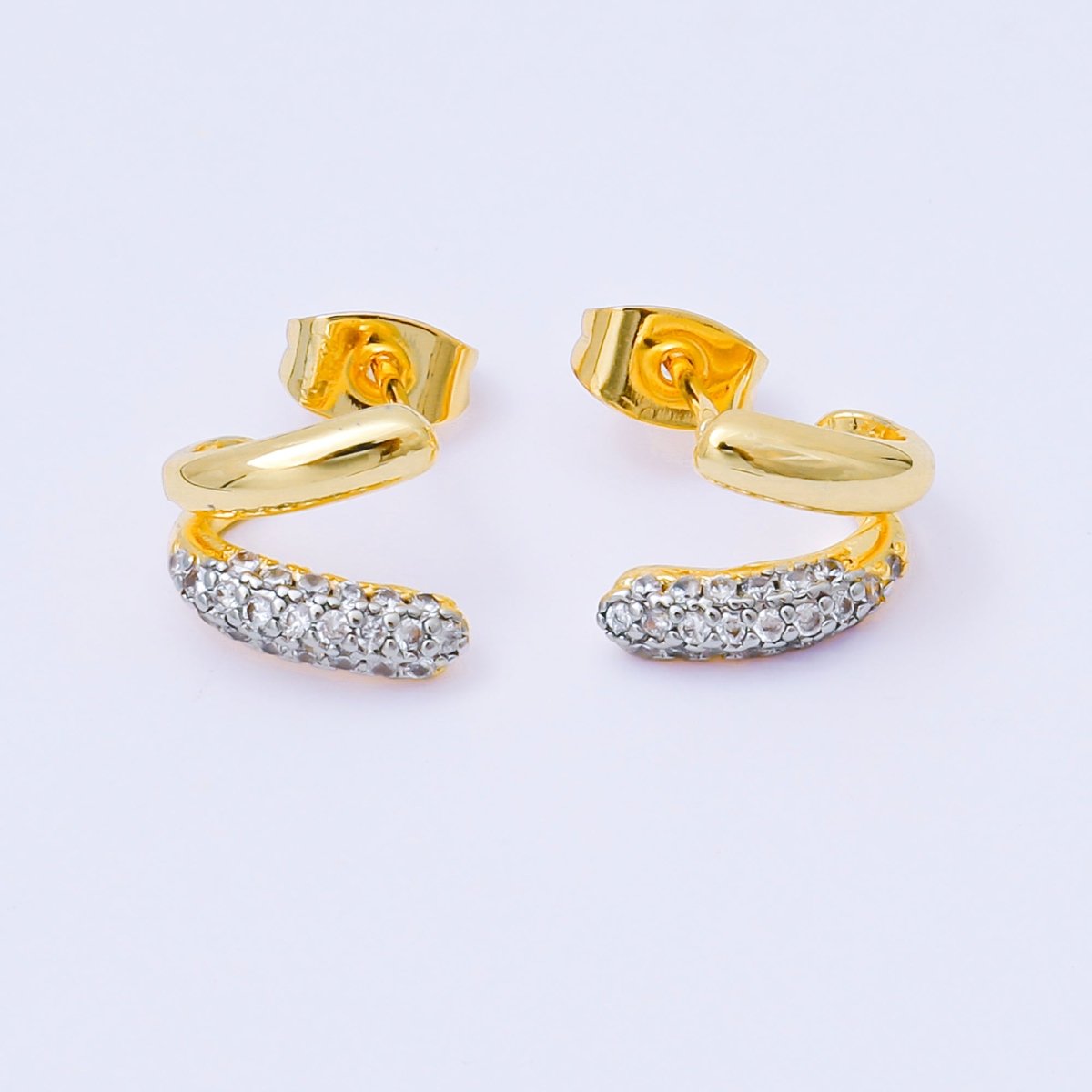 24K Gold Filled Micro Paved CZ Mixed Metal Claw C-Shaped Hoop Earrings | AJ129