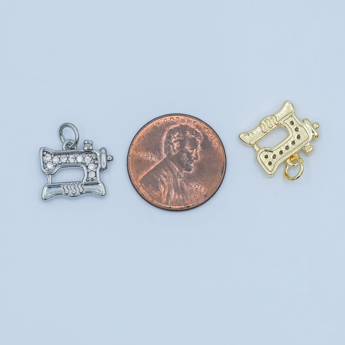 24K Gold Filled Micro Paved CZ Sewing Machine Charm in Gold & Silver | E500