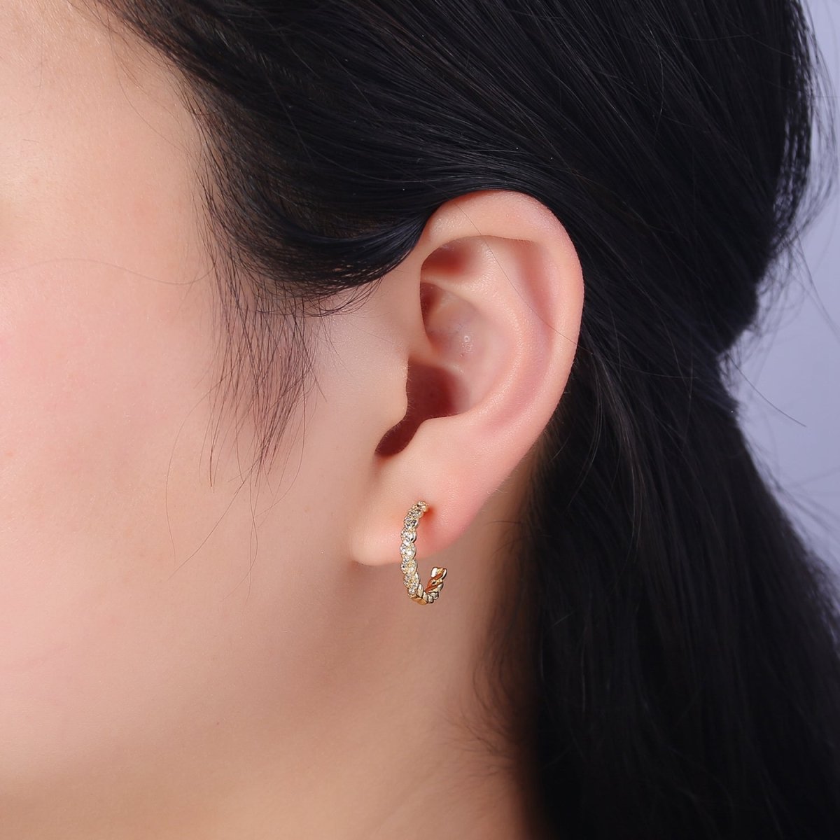 24K Gold Filled Micro Paved CZ Twisted 16mm, 24mm, 30mm C Shaped Stud Hoops Earrings | V-173-V-175