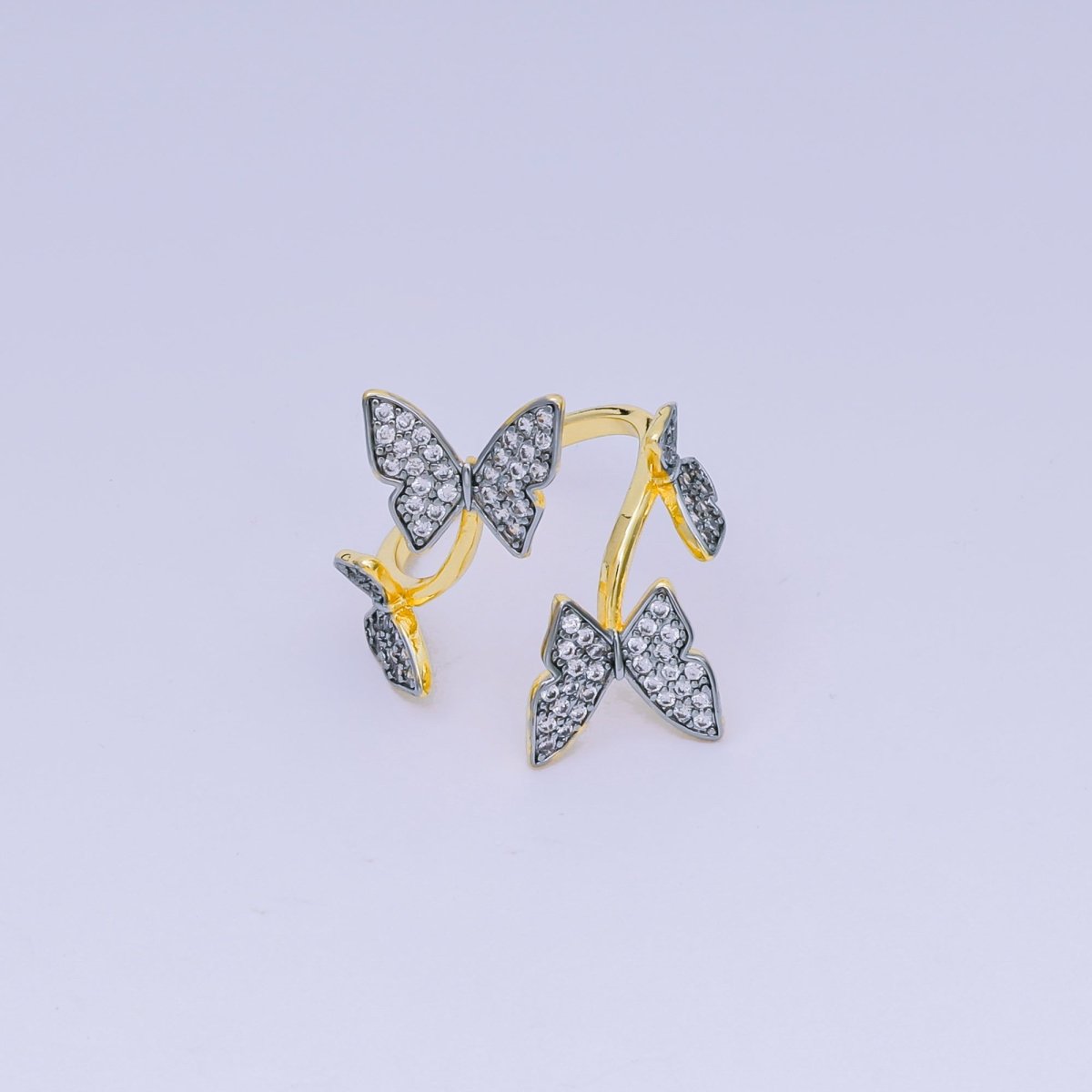 24K Gold Filled Micro Paved CZ Two-Tone Butterfly Garden Adjustable Ring | O-1488
