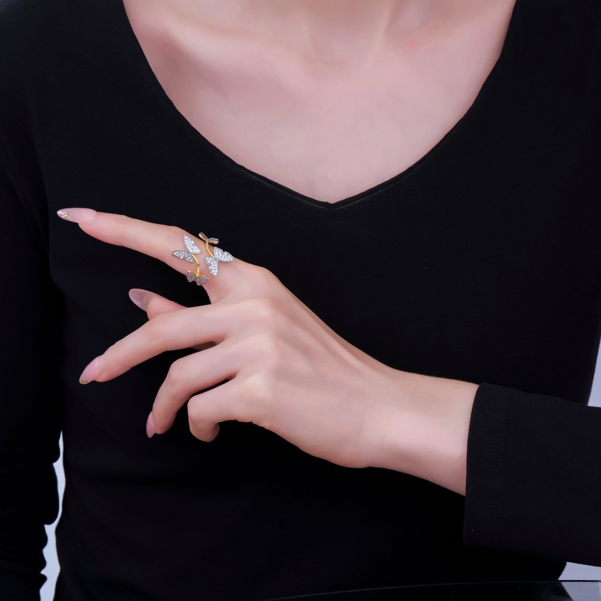 24K Gold Filled Micro Paved CZ Two-Tone Butterfly Garden Adjustable Ring | O-1488