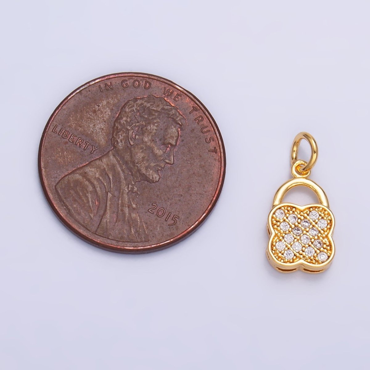 24K Gold Filled 11.5mm Micro Paved CZ Quatrefoil Padlock Charm in Gold & Silver | W870