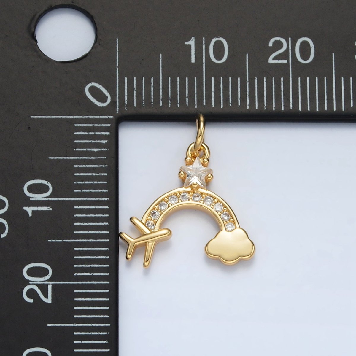 24K Gold Filled Mini Airplane Rainbow Cloud Star CZ Micro Paved Charm | AG854