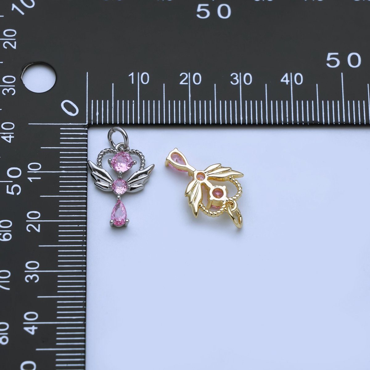 24K Gold Filled Clear, Pink CZ Angel Wing Wand Charm in Gold & Silver | AJ375 AJ376