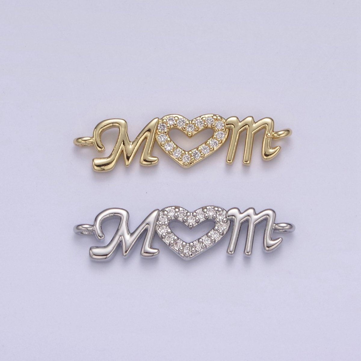 24K Gold Filled Mom Link Connector Silver Micro Pave CZ Heart Charm Connector Mother with Heart Micro Pave CZ Connector F-815 F-816