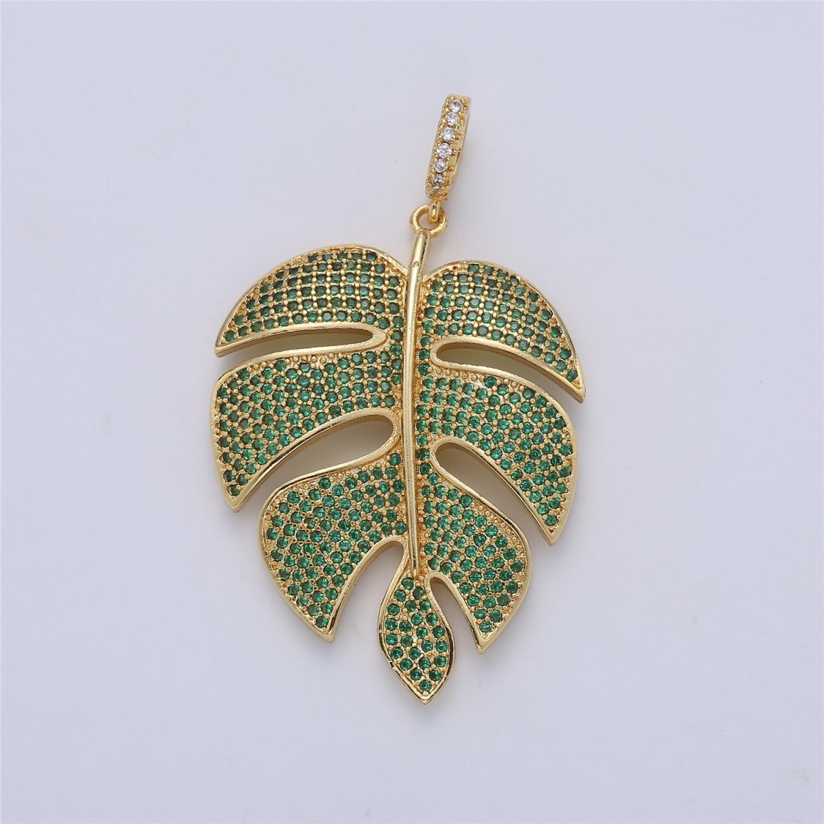 24K Gold Filled Monstera Palm Leaf Green Mircro Paved CZ Pendant I-165